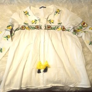 KAS NEW YORK Boho Peasant Embroidered Babydoll Blouse Top Large White